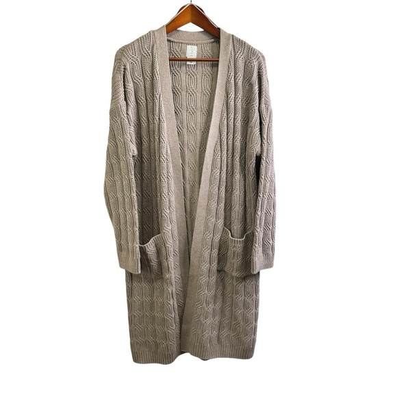 Joie Tan Long Sleeve Cable Knit Long Cardigan Open Front Sweater Size Large - Picture 1 of 13